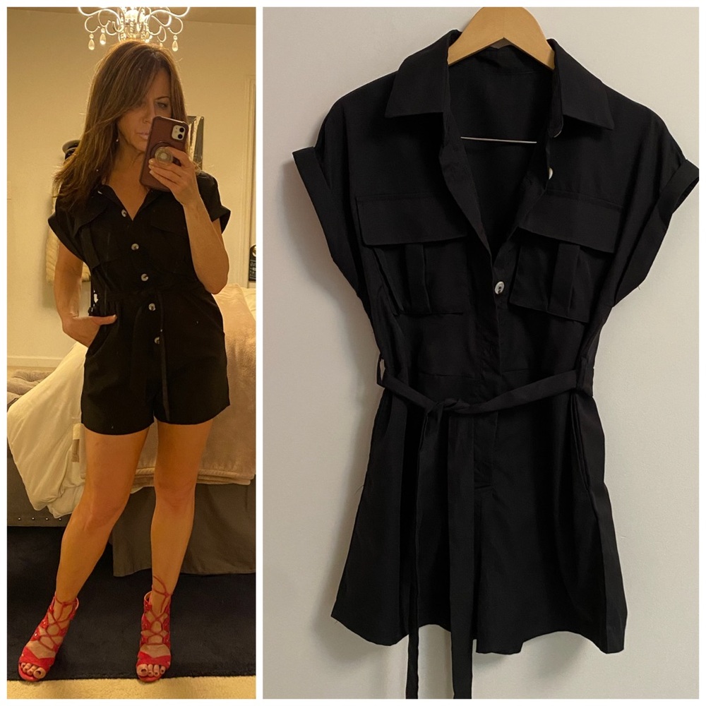 Black Button-Up Utility Romper with Removable Waist Tie SMALL